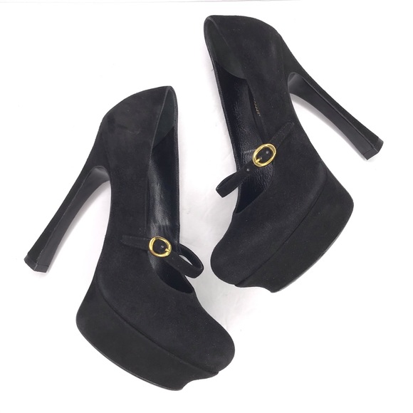 YSL Yves Saint Laurent Black Suede Tribtoo Mary Jane Platform Heels Size 38 - Picture 16 of 16